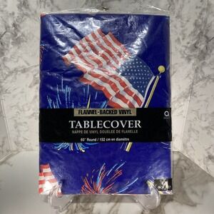 VTG Amscan Patriotic American Flag 60" Round Tablecloth - Flannel Backed Vinyl
